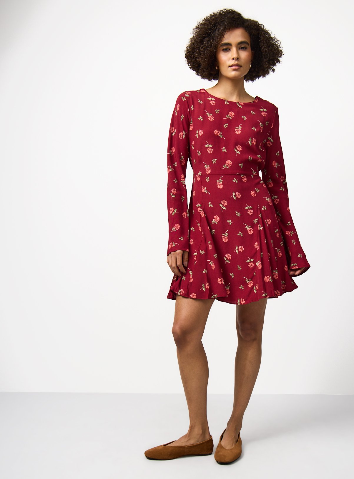 Burgundy Floral Print Waisted Mini Dress 6 - Image 2 thumbnail
